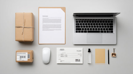 Laptop, envelopes and stationery on a white background.の素材