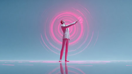 Young businesswoman standing in front of virtual projection with pink and blue lightの素材