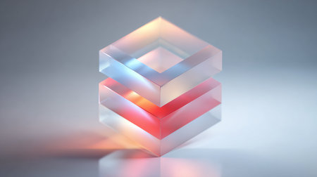 3d illustration of a colorful glass cube with a red and blue reflectionの素材