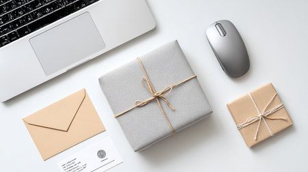 Flat lay of office desk with laptop, gift boxes and envelopeの素材