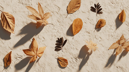 Autumn leaves on white wall background. Flat lay, top viewの素材