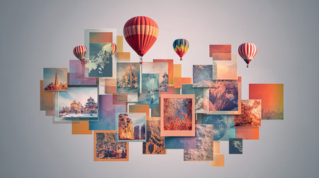 Colorful hot air balloons flying over pictures collage. 3D Renderingの素材