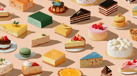 Seamless pattern of different types of cakes on a beige backgroundの素材