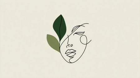 Elegant woman face with leaves. Minimalist beauty logo. Vector illustrationの素材