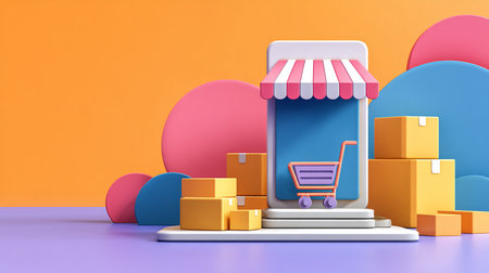 Online shopping concept with smartphone and boxes. 3D Rendering.の素材