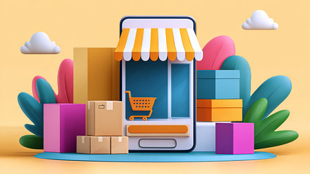 Online shopping concept. Smartphone with store, cart, boxes and clouds. Vector illustrationの素材