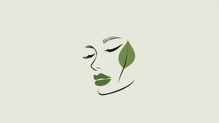 Elegant woman face with green leaves. Vector illustration of female face.の素材