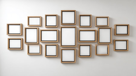 Set of wooden frames hanging on a white wall. 3d renderingの素材