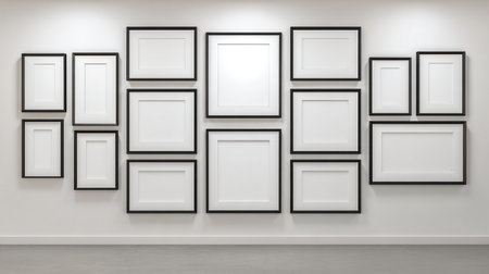 Set of black frames hanging on a white wall. 3d renderingの素材