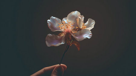 Beautiful cherry blossom in hand on a dark background. Toned.の素材
