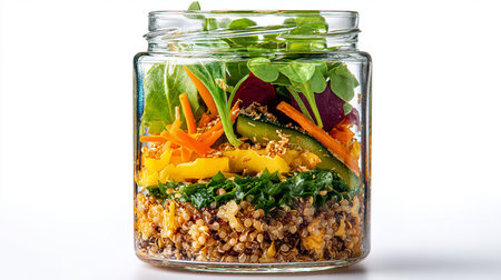 Healthy salad with quinoa and vegetables in a jar on white backgroundの素材