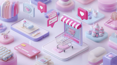 Online shopping concept. Mobile phone with shopping cart on pink background. 3d illustrationの素材