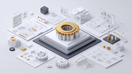 3d isometric illustration of gear wheel with various objects on white backgroundの素材