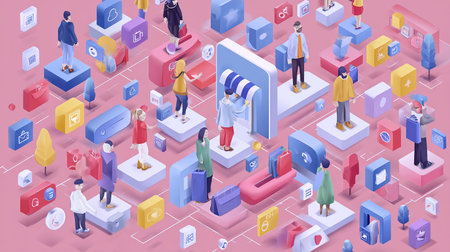 Isometric social network concept with people characters and icons 3d vector illustrationの素材