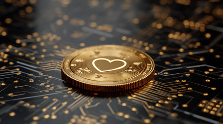 Golden bitcoin with heart on circuit board background. Cryptocurrency concept.の素材