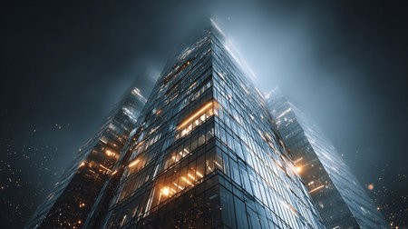 Modern skyscrapers in the fog at night. 3d renderingの素材