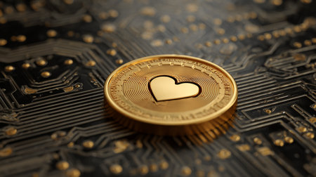 Golden heart coin on computer circuit board. Cryptocurrency concept.の素材