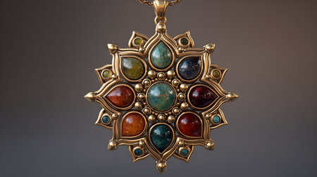 Gold pendant with precious stones in the form of a star.の素材