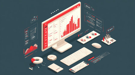 Isometric flat design concept of big data analysis, analytics, research and analytics.の素材
