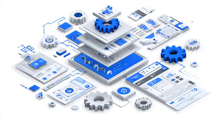 3d rendering of a lot of technology objects on a white backgroundの素材