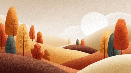 Autumn landscape with colorful forest and sun. Vector paper illustration.の素材