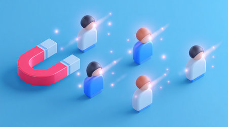 3d rendering of business people with red magnet isolated on blue backgroundの素材