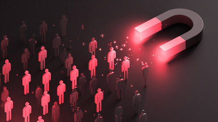Magnet attracting people, 3d render, red light, red backgroundの素材