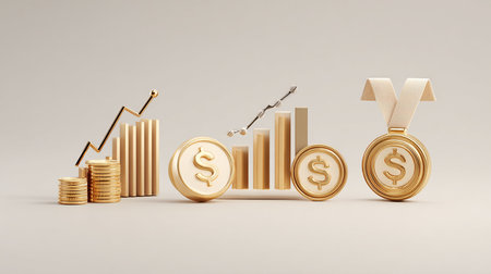 Gold medal with dollar sign and graph. 3d render. Financial concept.の素材