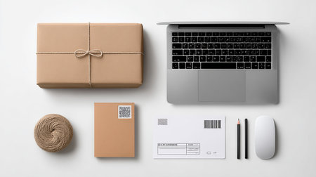 Flat lay composition with laptop, stationery and gift box on white backgroundの素材