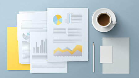 Top view of modern workplace with paper documents, coffee cup and pencil. Mock upの素材