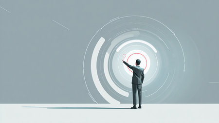 Businessman with tennis racket in his hand and target on the wallの素材