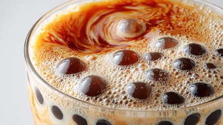 Coffee with bubbles on a white background, close-upの素材