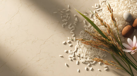 Top view of rice grains and flowers on light background with copy spaceの素材