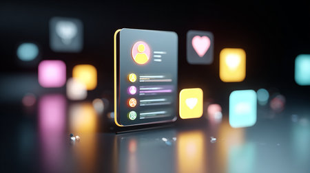 3d rendering of mobile phone with colorful application icons on dark backgroundの素材