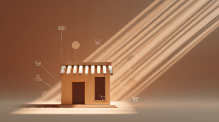 3d illustration of a small store on the background of an orange wallの素材