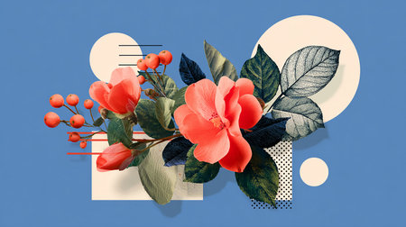 Creative background with red flowers and leaves. Flat lay, top view.の素材