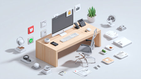 3d isometric office desk with computer, laptop, phone, tablet and other objectsの素材