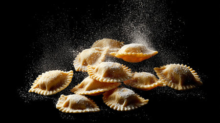 Falling ravioli with flour on black background, closeupの素材
