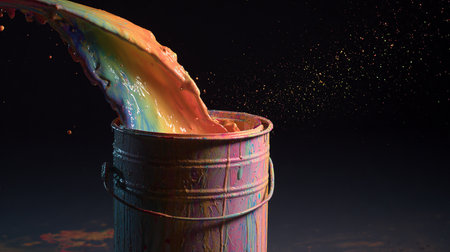 Colorful paint splashing out of a bucket. 3d renderingの素材