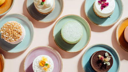 top view of multicolored cakes on plates on beige backgroundの素材
