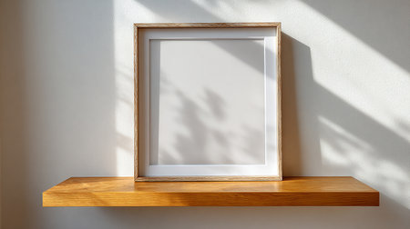 Blank picture frame on a wooden shelf. 3d rendering.の素材