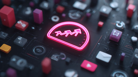 Neon glowing business chart icon on dark background. 3D renderingの素材