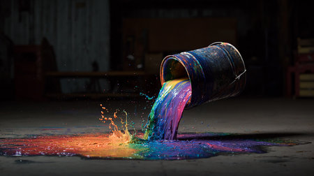 Colorful paint splashing out of a barrel in a factory.の素材