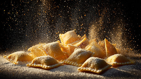 Falling flour and ravioli on black background. Traditional italian foodの素材