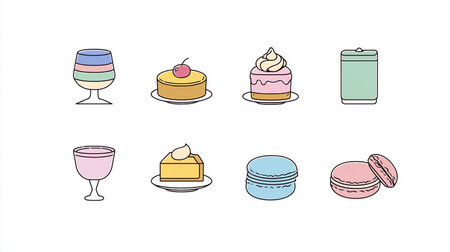 Set of different types of macarons and cakes. Vector illustration.の素材