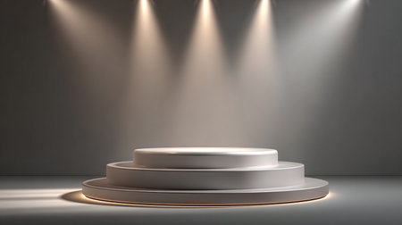 Scene with round podium illuminated by spotlights. Award ceremony concept. 3D renderの素材