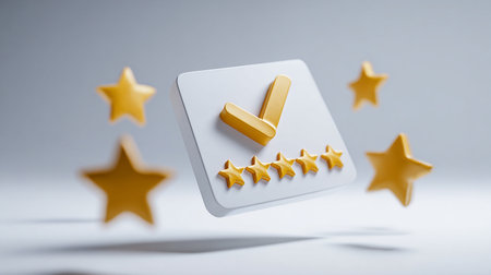 3D rendering of a rating concept on a white background with gold starsの素材