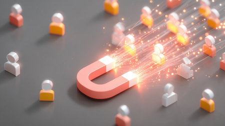 Digital composite of Red magnet with network and people 3d against grey backgroundの素材