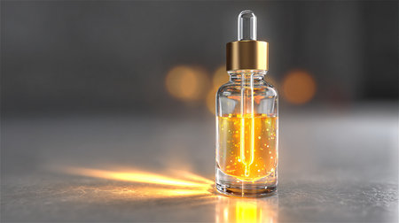 Cosmetic pipette with golden liquid on dark background. 3d renderingの素材