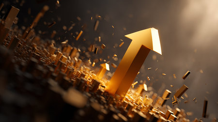 3d render of golden arrow in the sky with gold particles flying aroundの素材